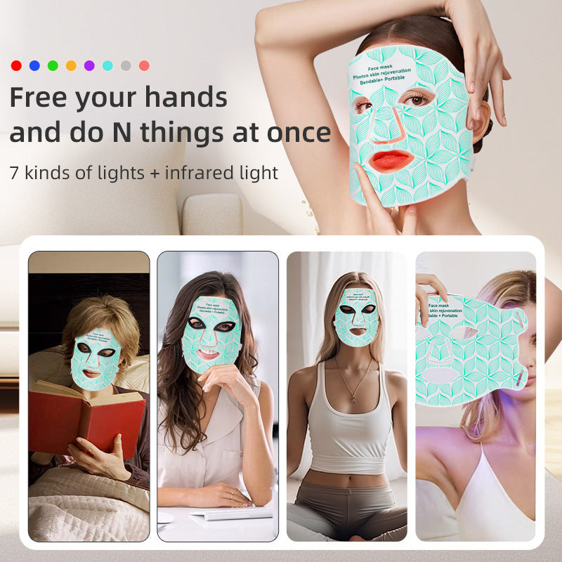 Person wearing a light therapy mask with text about its benefits on a white background
