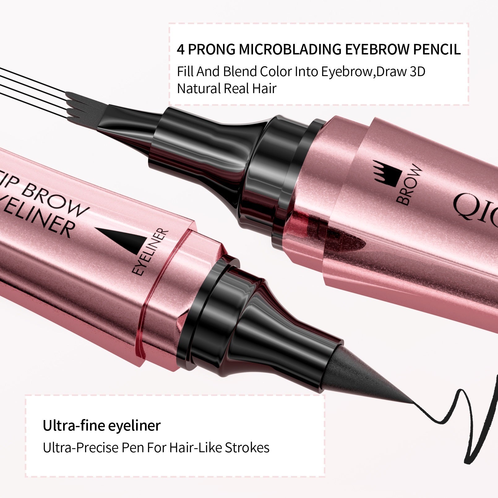 Two pink eyebrow pencils with black tips on a white background