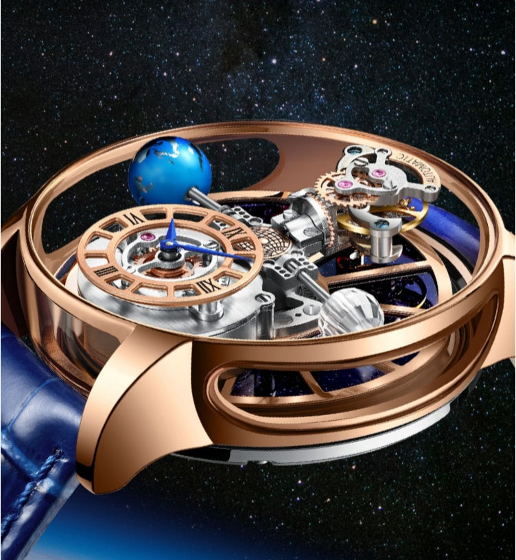 Luxury watch with intricate mechanical components against a starry space background