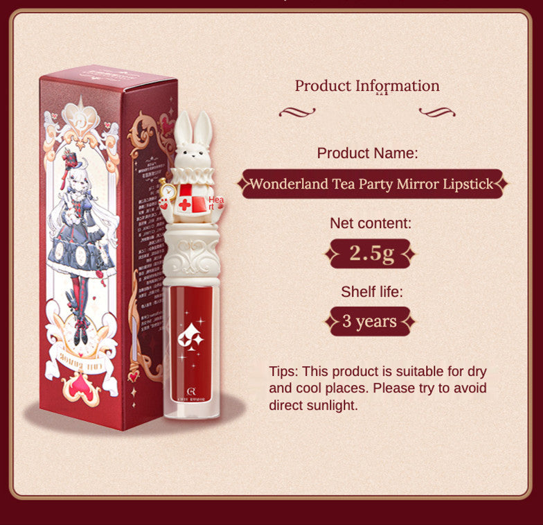 Wonderland Tea Party Mirror Lipstick with packaging on a beige background