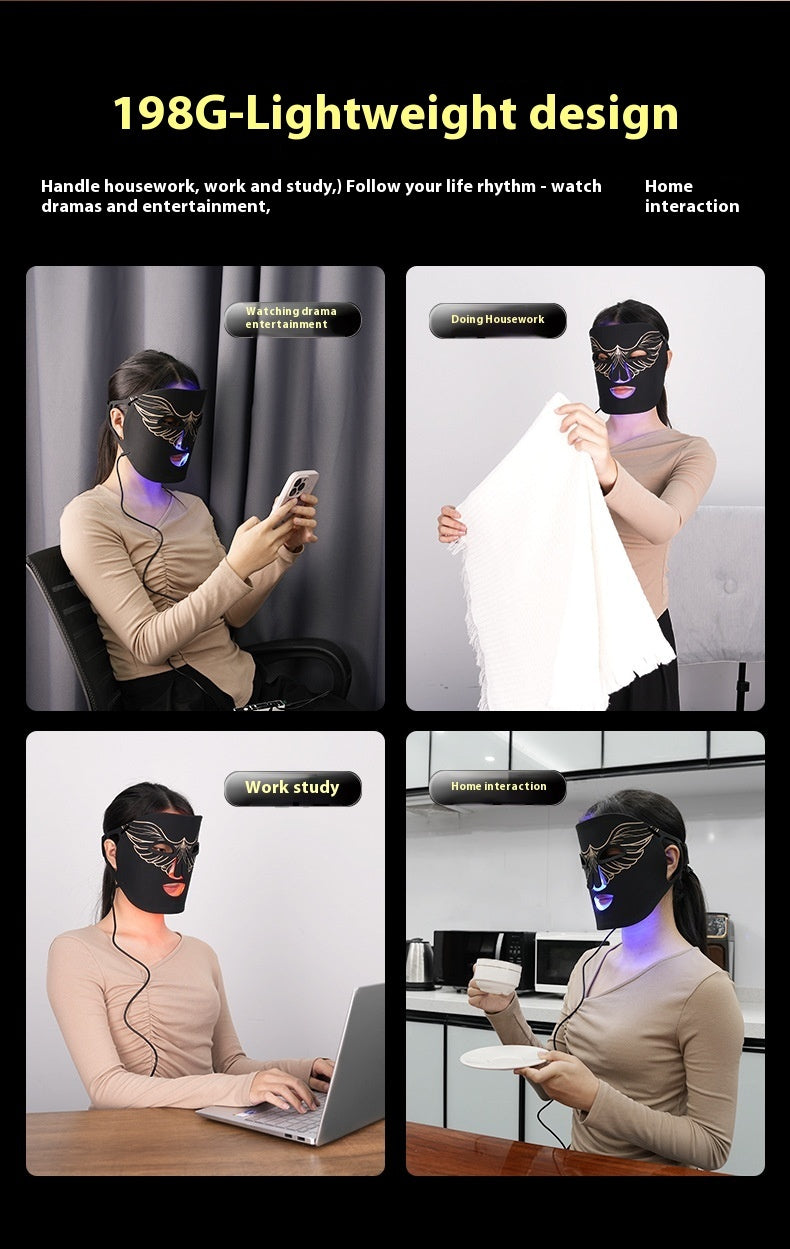 Person wearing a black mask with LED lights in various activities, including work and entertainment.