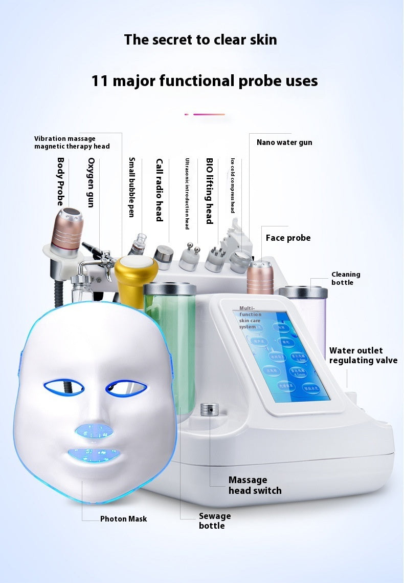 Facial skin care device with various components and features labeled on a light blue background.