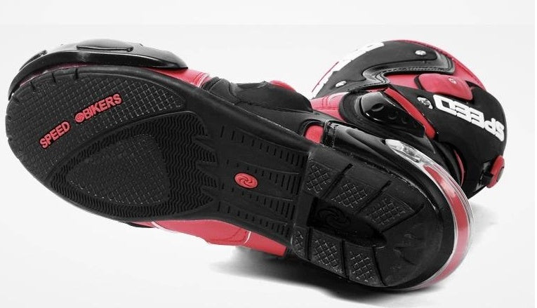 Black and red motorcycle boots with 'Speed Rakers' branding on a white background