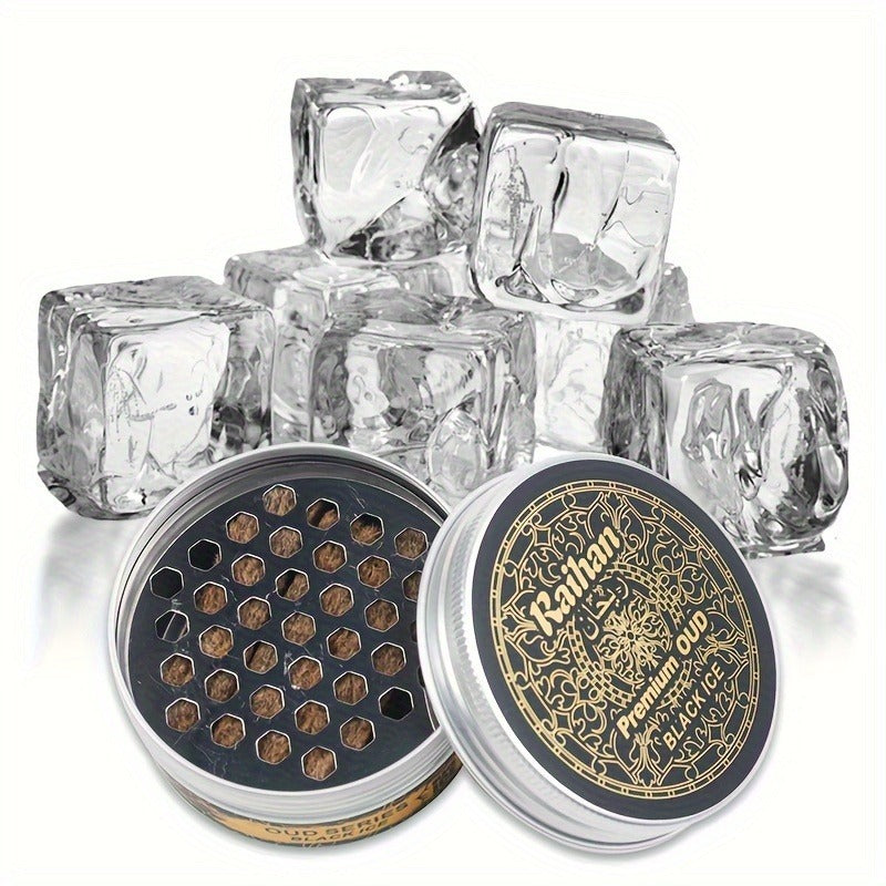 Oud incense with a container and clear ice cubes on a white background