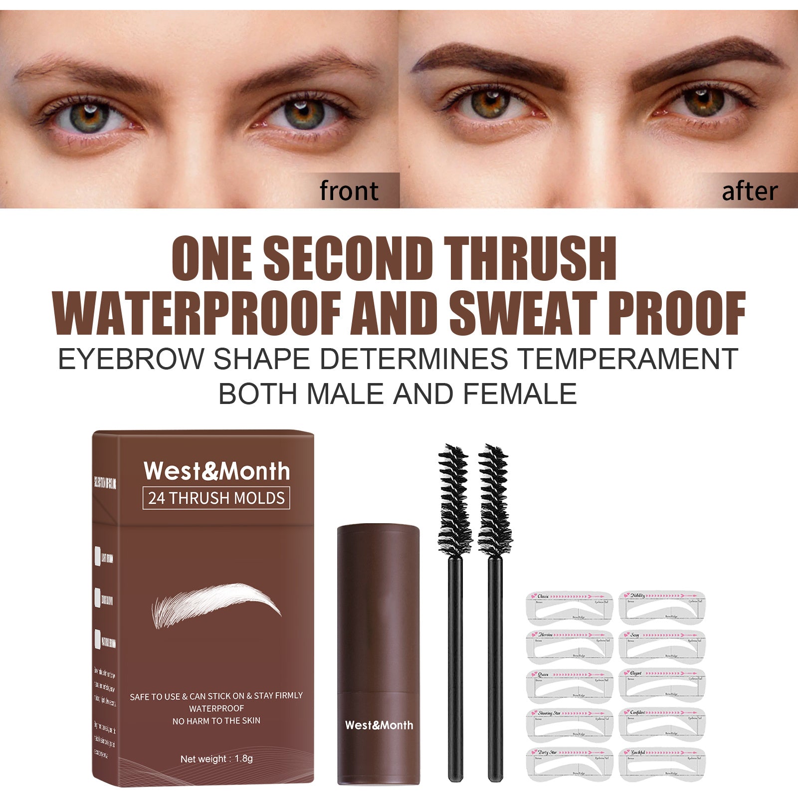 West&Month eyebrow shaping product set with packaging, tools, and templates on a white background.