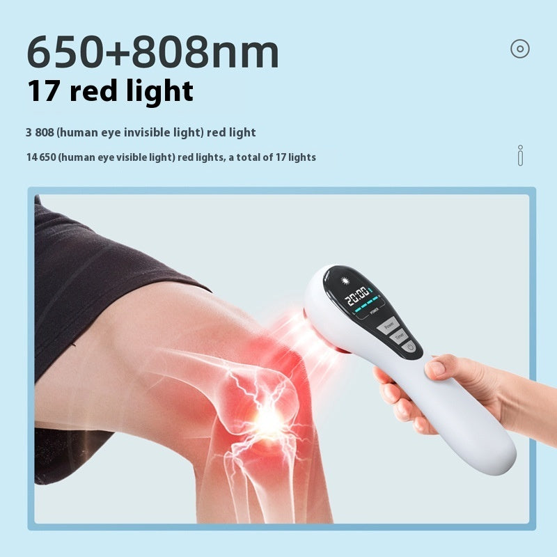 Handheld device emitting red light on a knee with text about wavelength and light types.