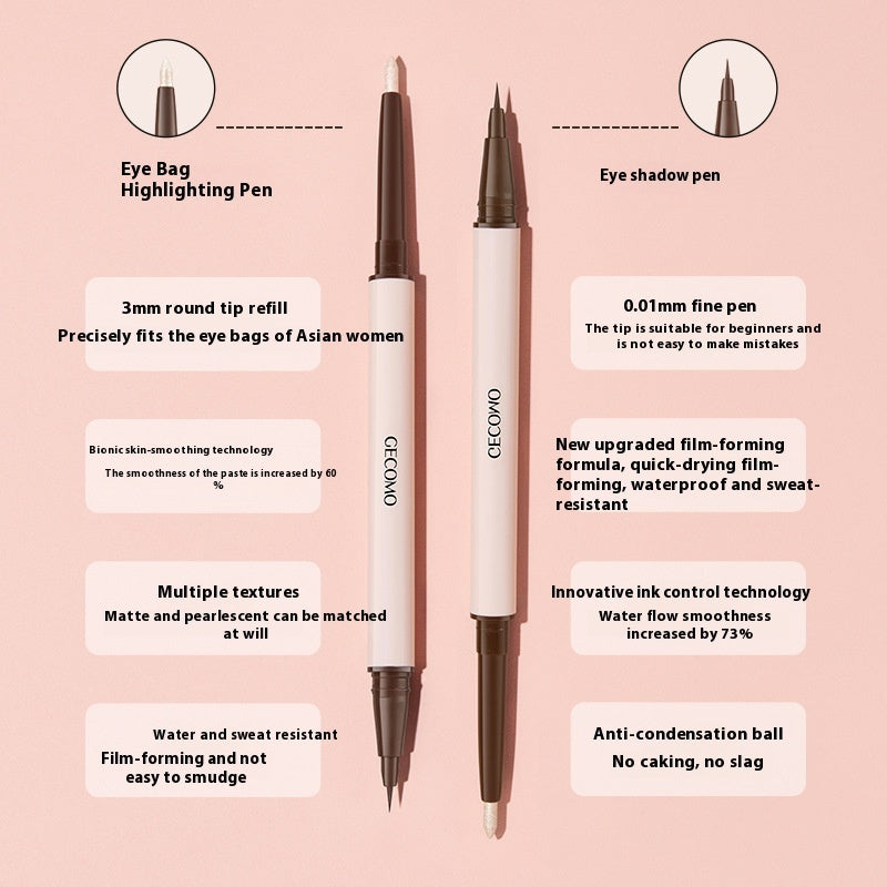 Two makeup pens with text describing their features on a pink background