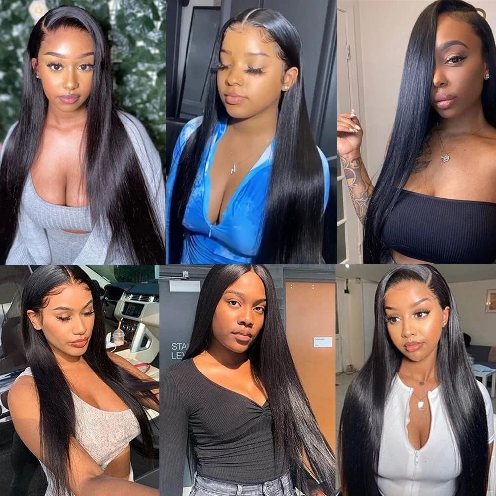 Collage of a woman with long black hair styled differently in various settings.
