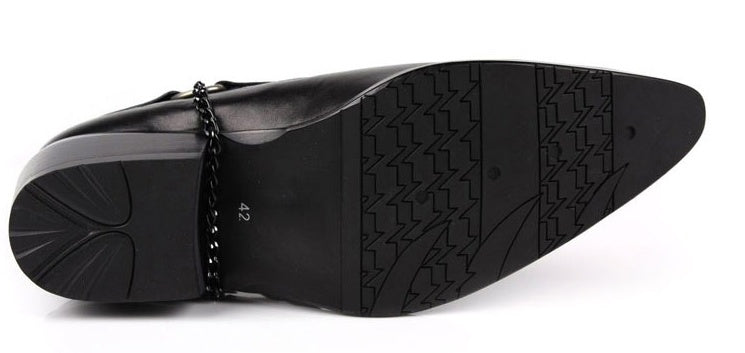 Close-up of a black leather shoe sole with tread pattern on a white background