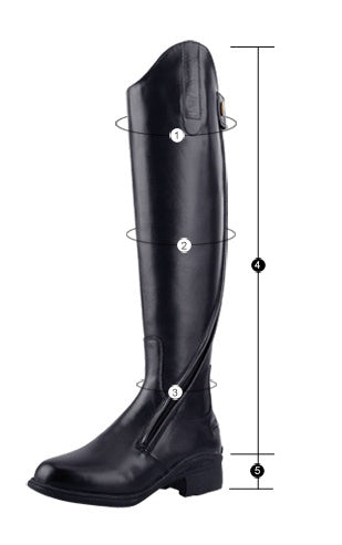 Black riding boot with measurements on a white background