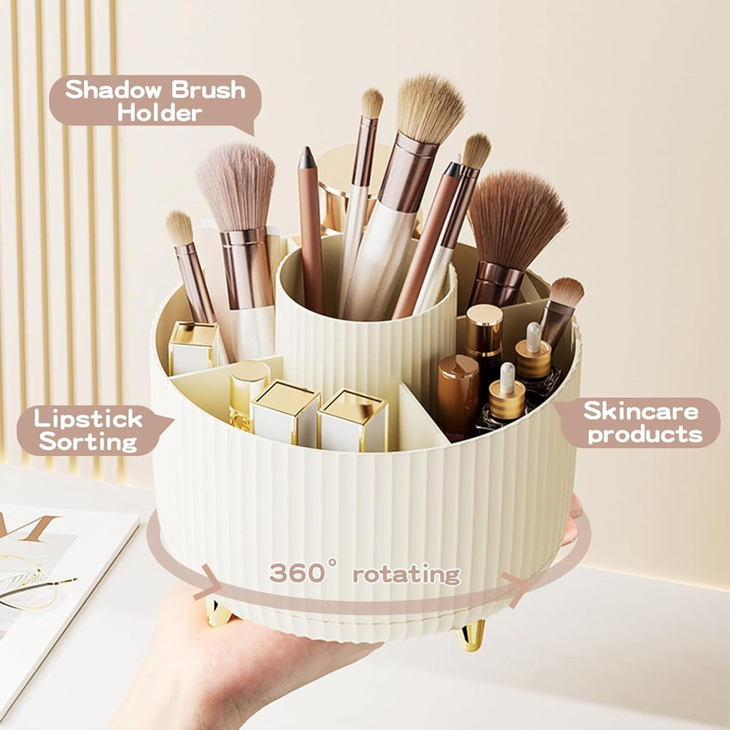 360-degree rotating organizer with makeup brushes, lipsticks, and skincare products.