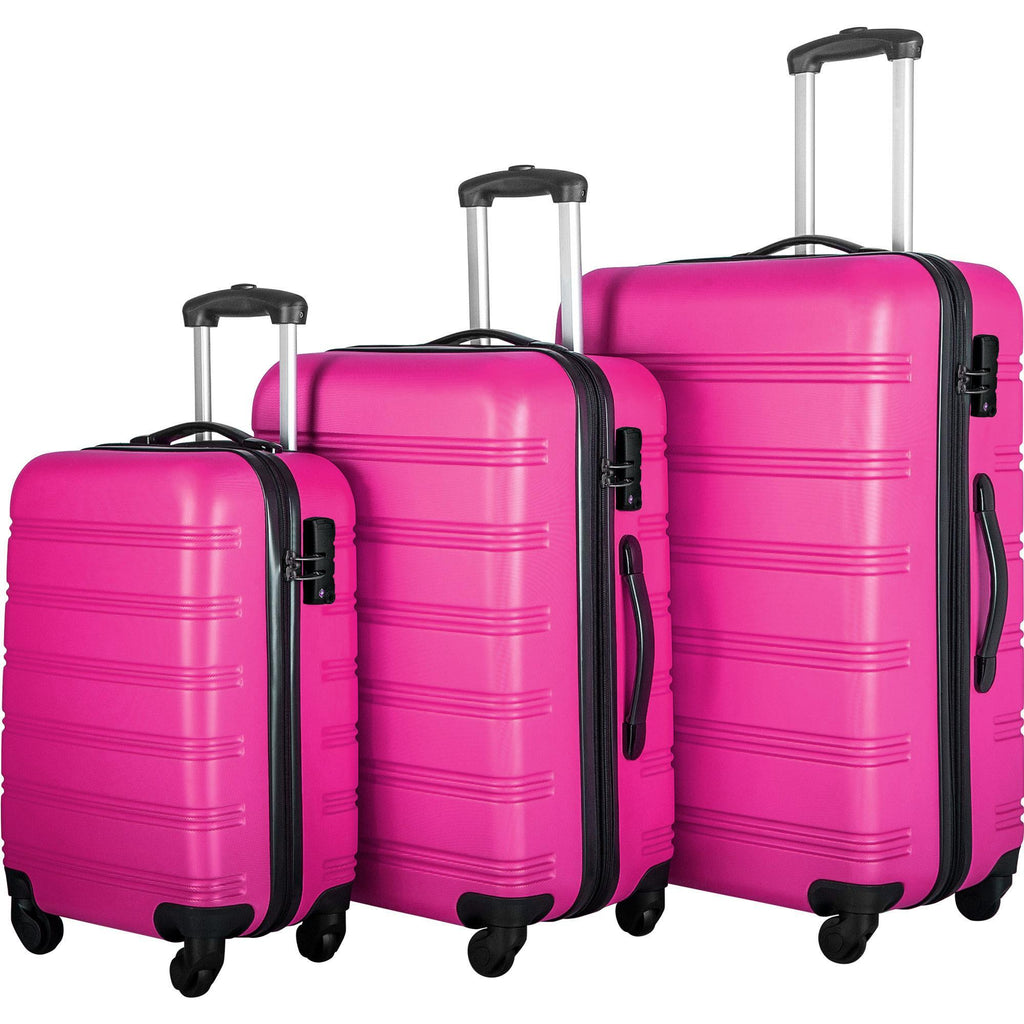 Set of three pink suitcases with black handles and wheels on a white background