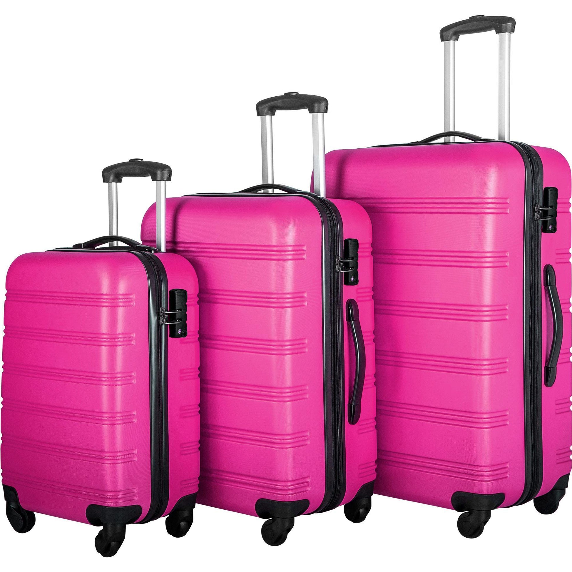 Set of three pink suitcases with black handles and wheels on a white background