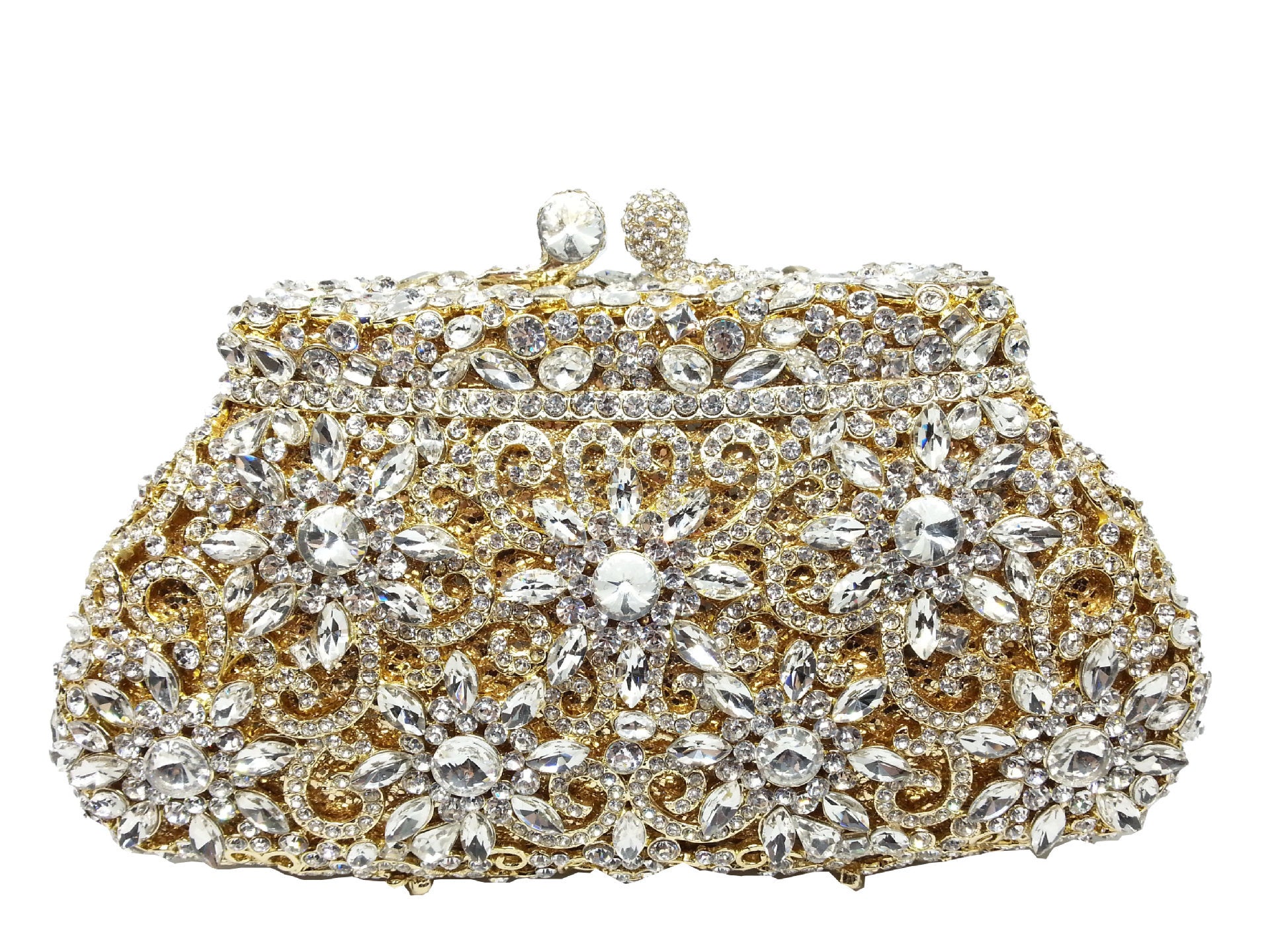 Elegant gold and silver clutch bag with floral patterns on a white background