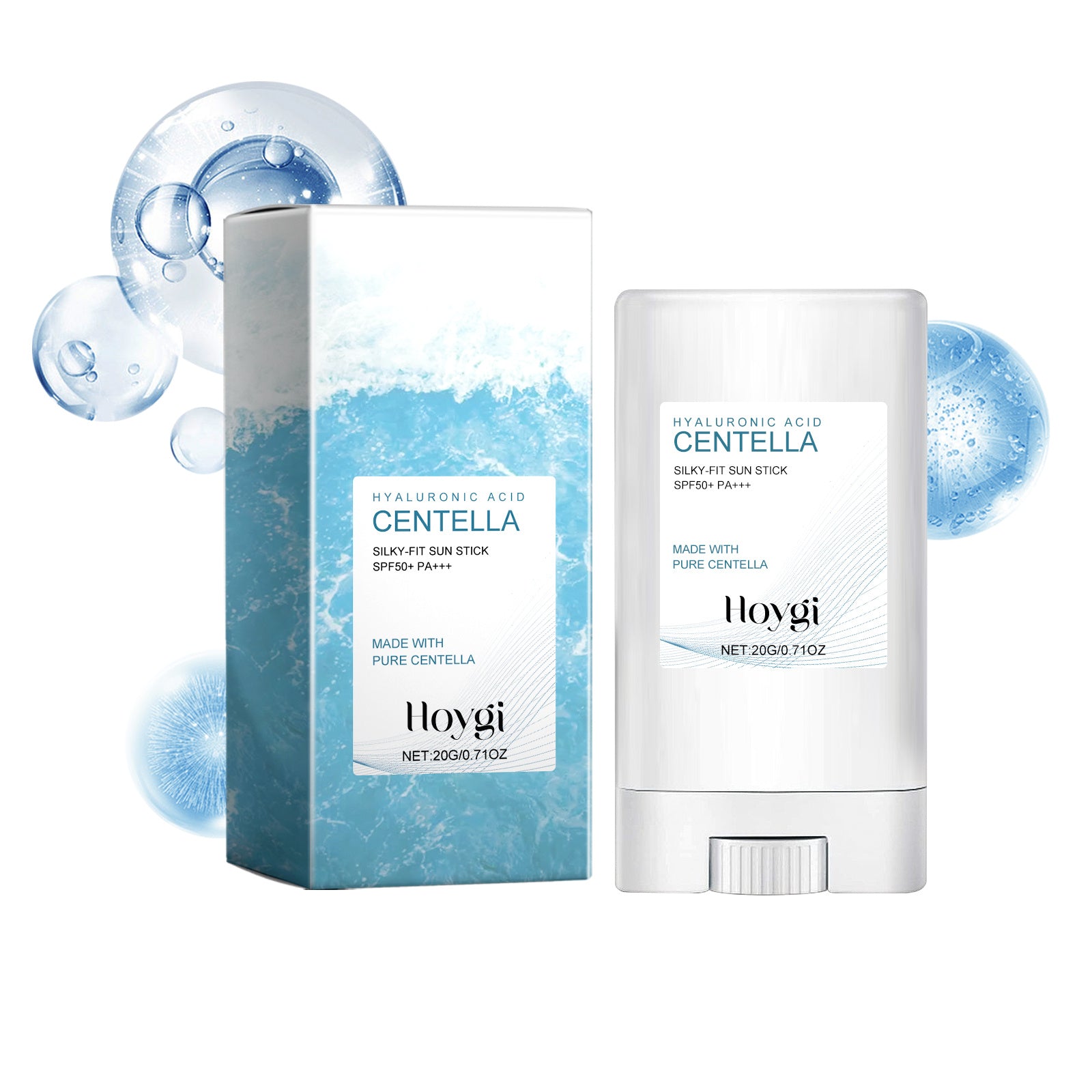 Hoygi Centella sun stick and packaging on a white background