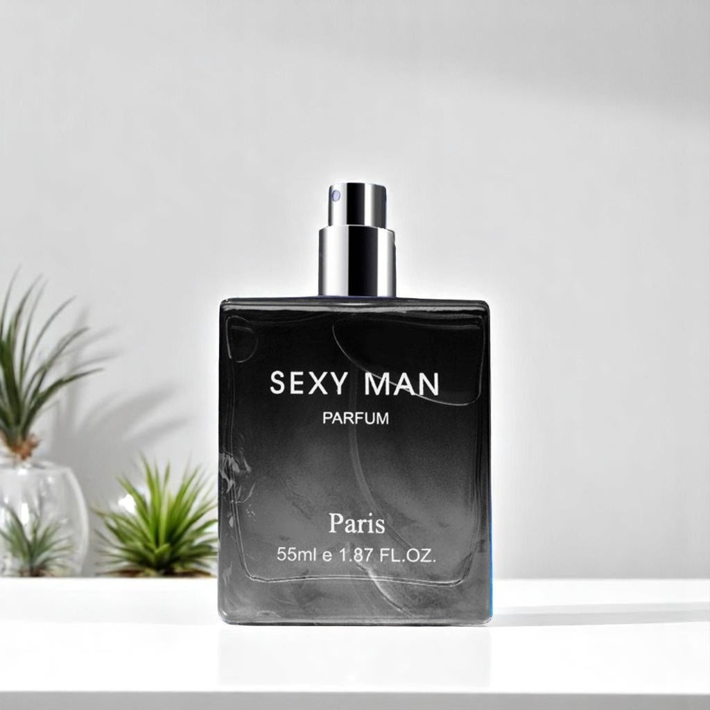 Perfume bottle labeled 'Sexy Man Parfum' on a light background