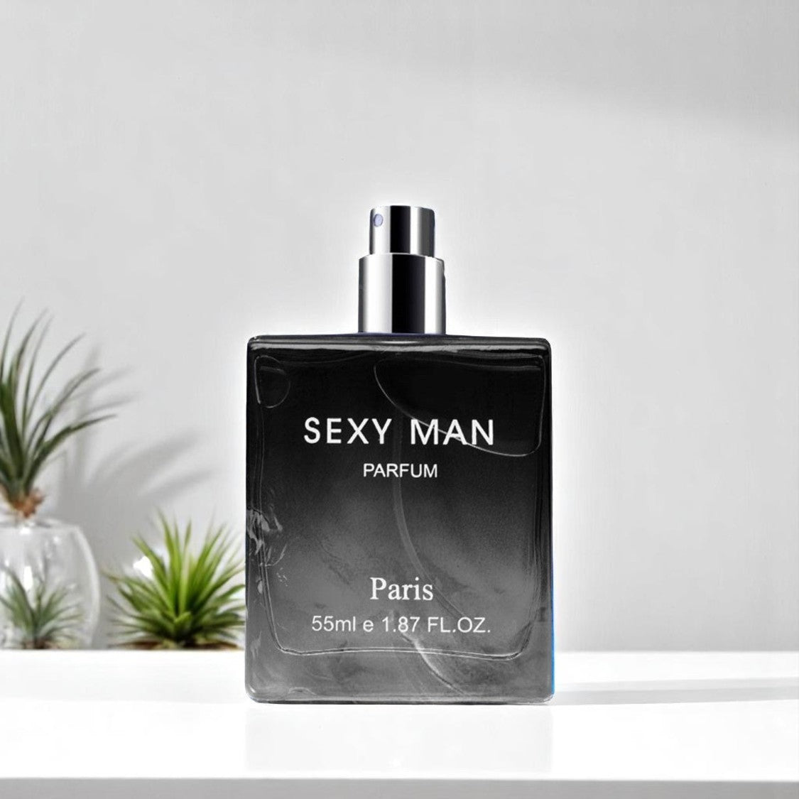 Perfume bottle labeled 'Sexy Man Parfum' on a light background