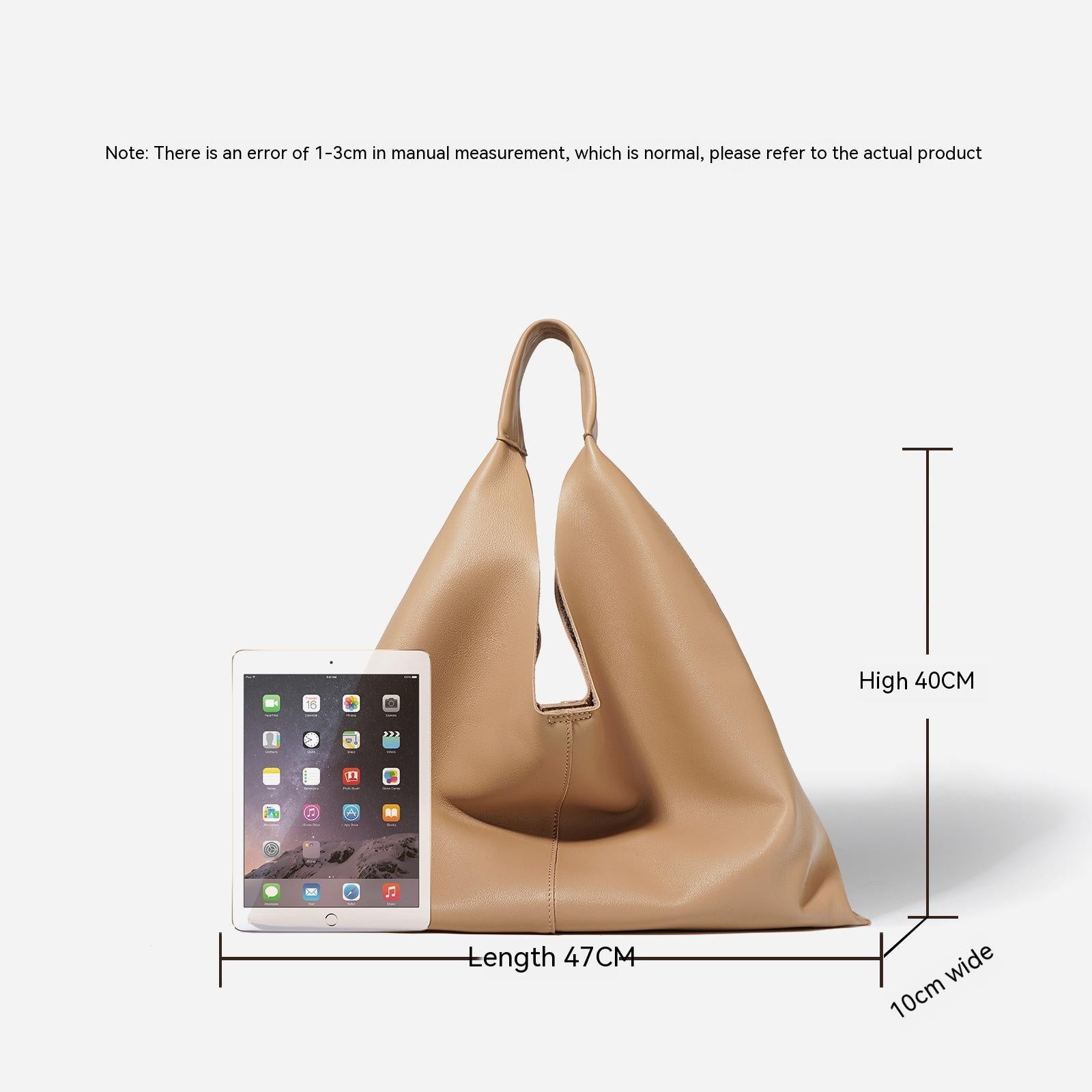 Beige handbag with dimensions indicated on a white background