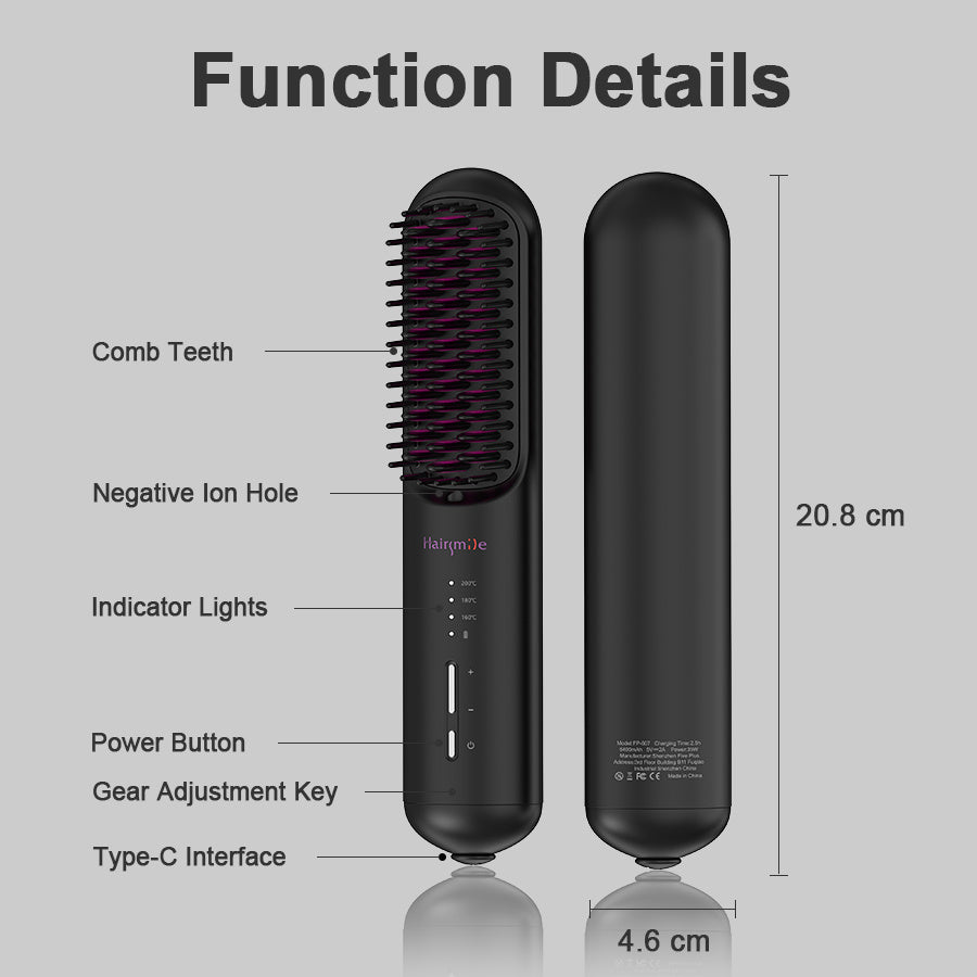 Hair straightener with labeled parts and dimensions on a gray background