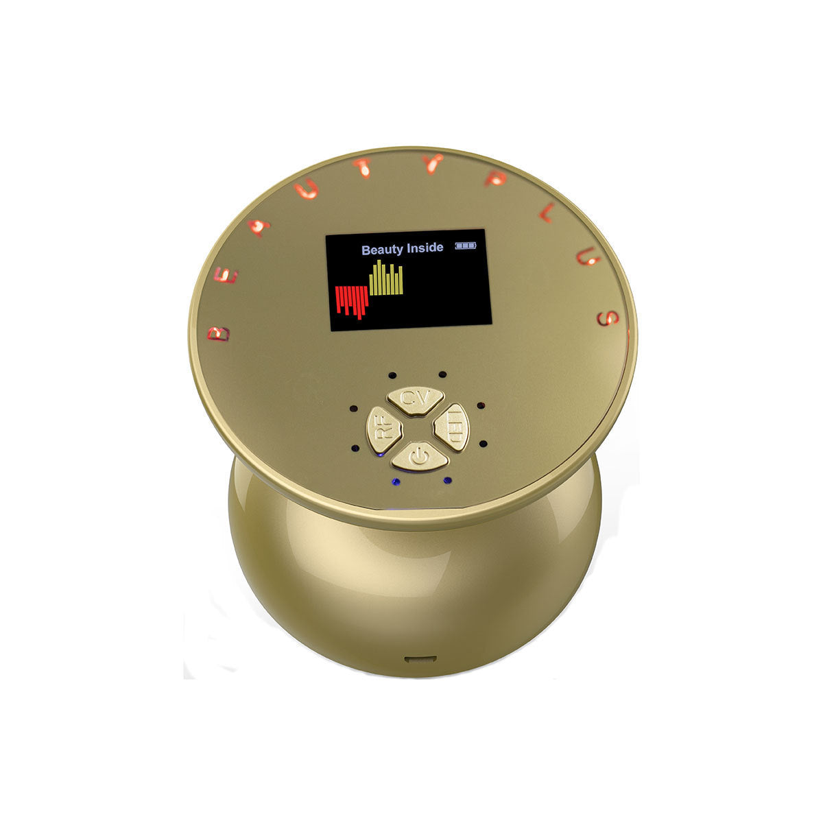 Gold electronic device with digital display on a white background