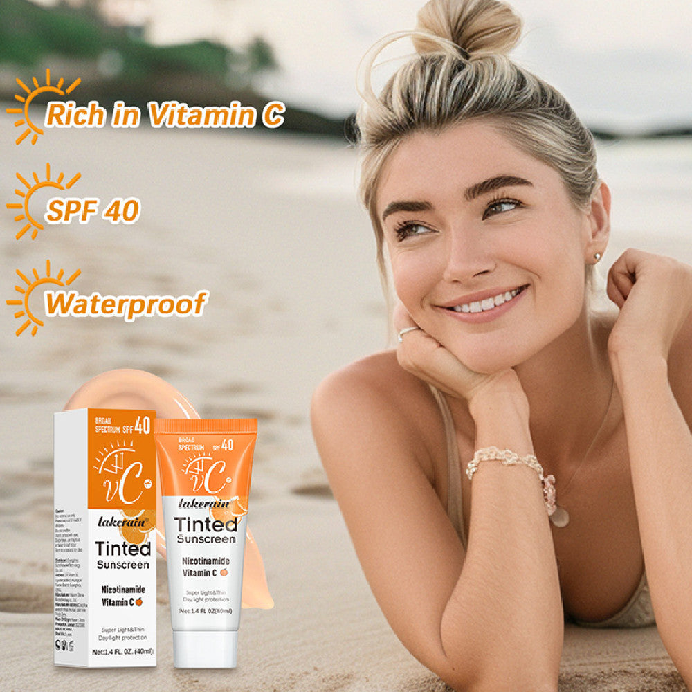 Woman on a beach with Laketau sunscreen products and text highlighting SPF 40, waterproof, and vitamin C richness.