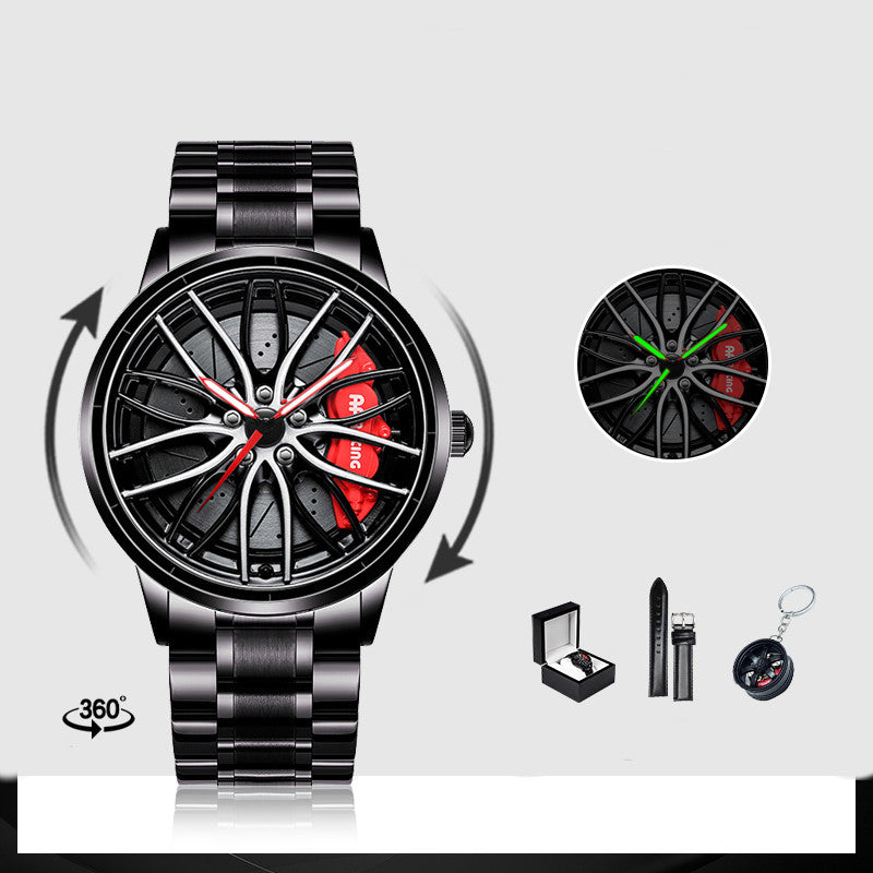 Black wristwatch with car wheel design on the dial, accompanied by a keychain and box on a white background.
