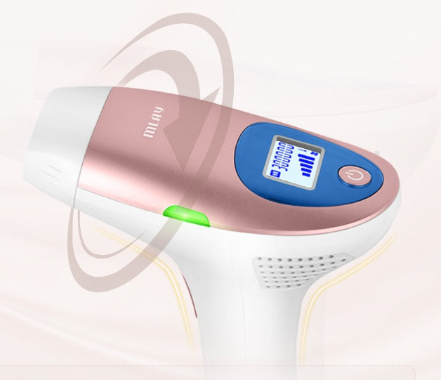 Pink and white electronic device with digital display on a light gray background