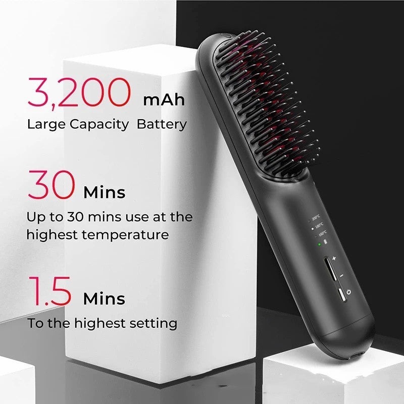 Hair straightening brush with battery information on a white background