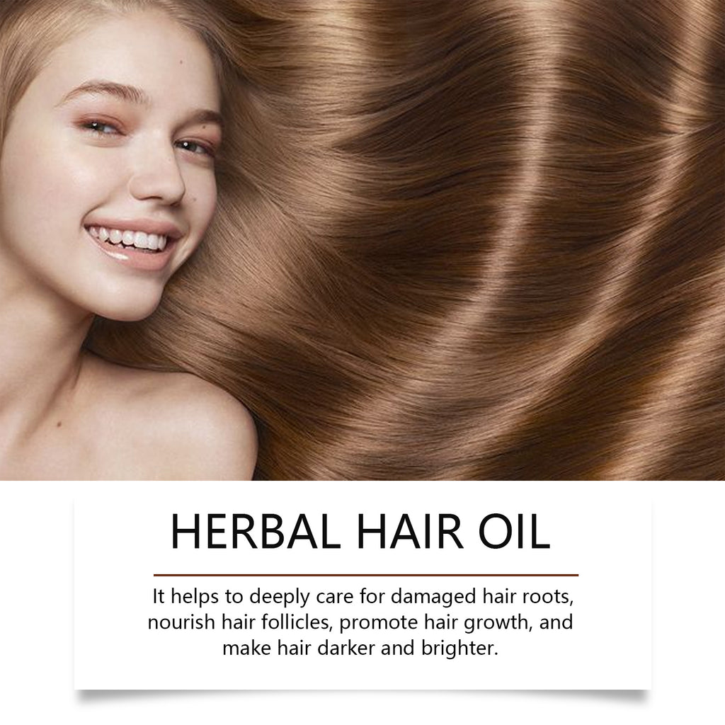 Woman with long, healthy hair and text about herbal hair oil benefits.
