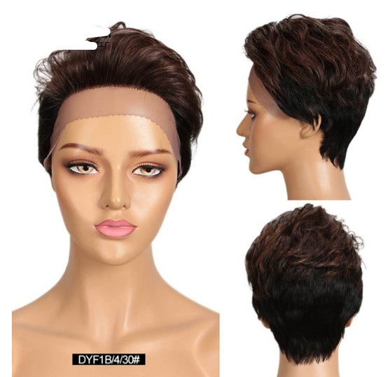 Short brown wig on a mannequin head with close-up views