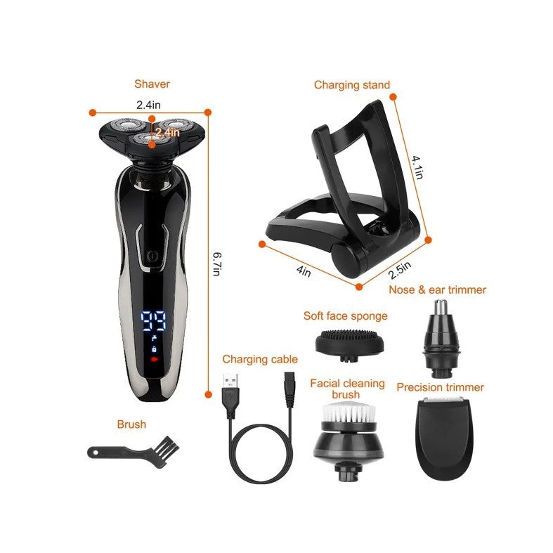 Shaver set with charging stand, accessories, and dimensions on a white background