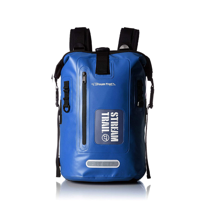 Blue backpack with black straps on a white background