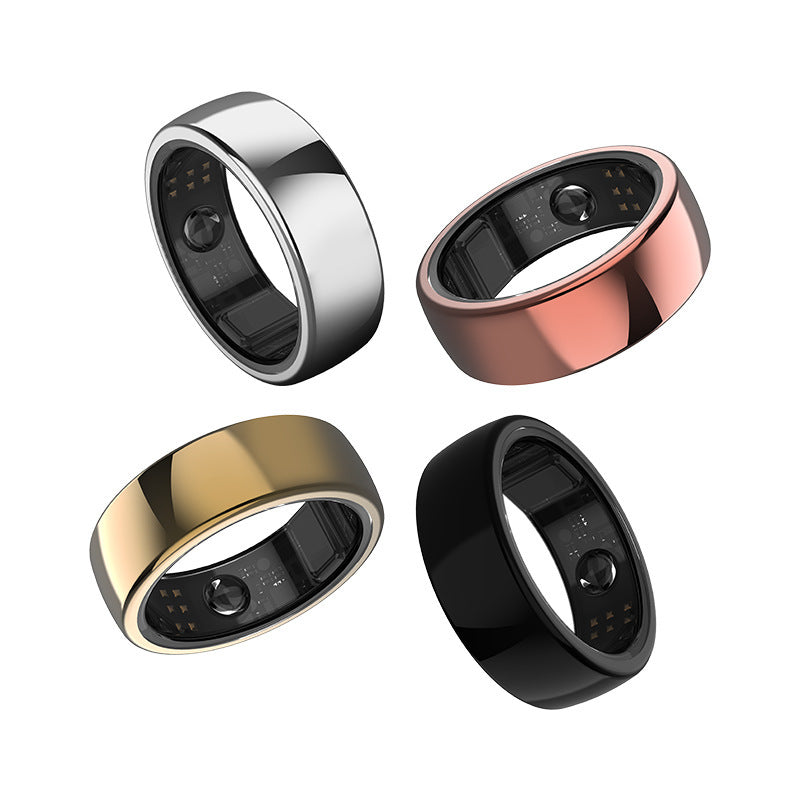 Four smart rings in silver, rose gold, gold, and black on a white background