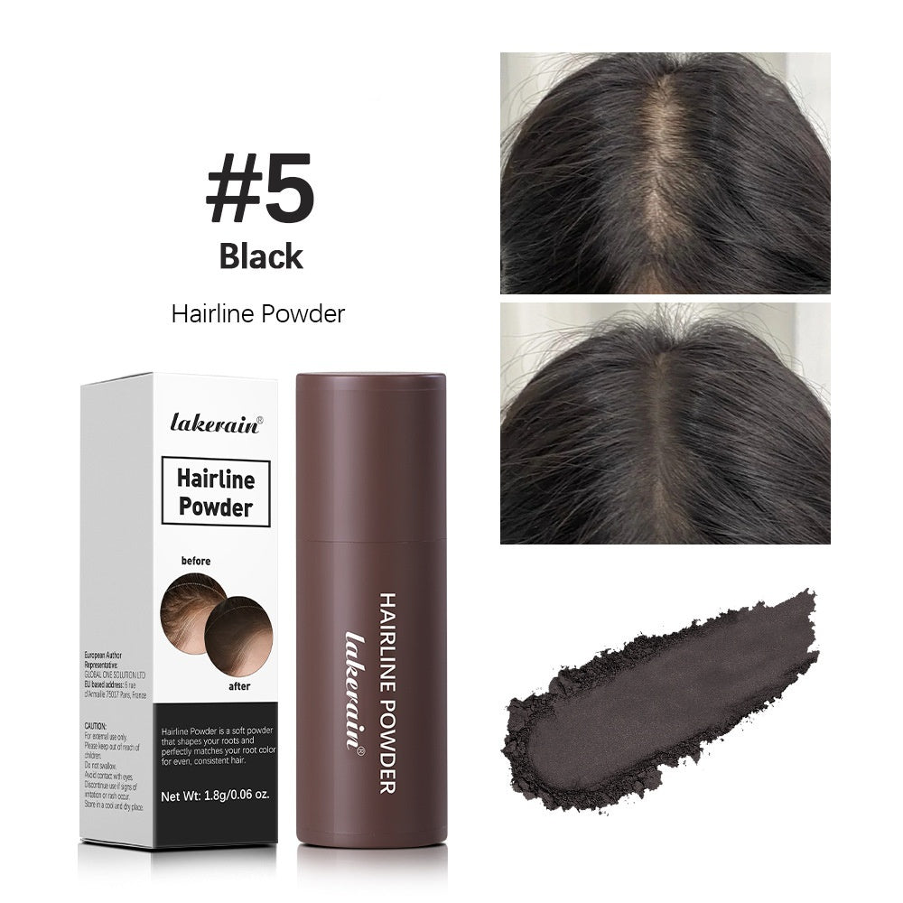 Lakerain Hairline Powder packaging with product application on hairline.