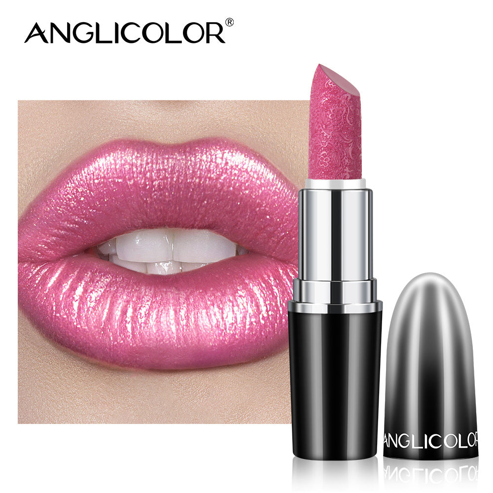 Pink lipstick with silver cap on a white background, featuring the Anglicolor brand.