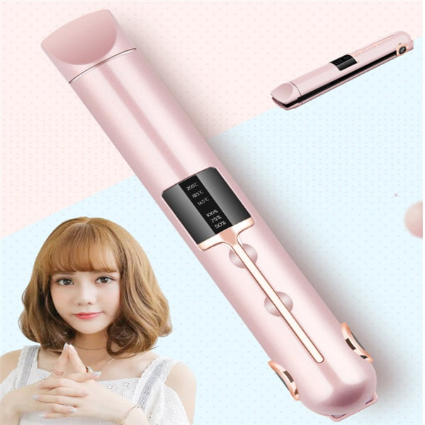 Rose gold hair straightener with digital display on a light pink background, featuring a woman with styled hair.