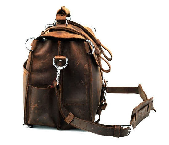 Brown leather backpack with straps on a white background