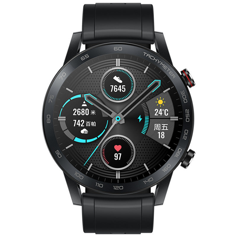 Smartwatch with a black strap on a white background