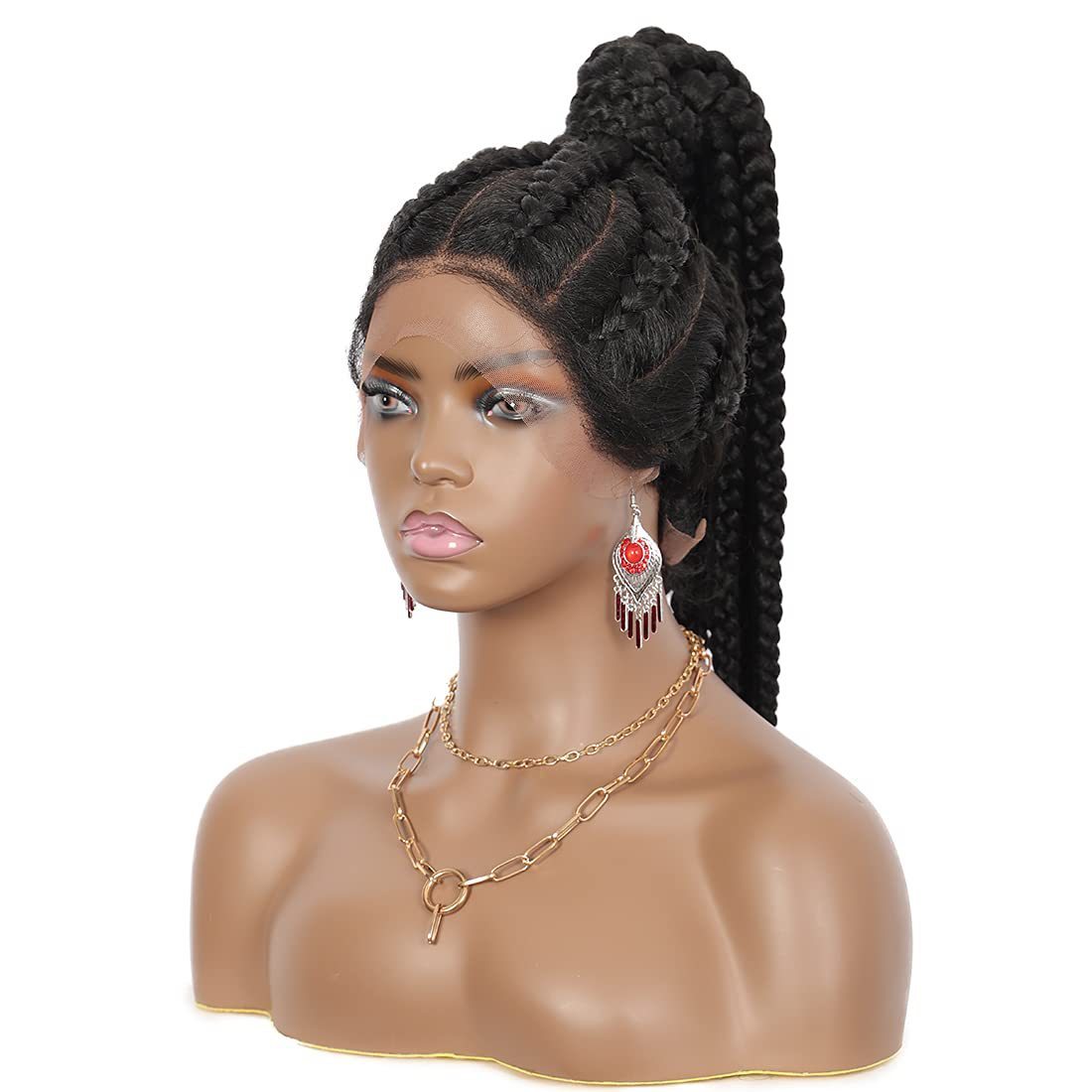 Mannequin head with styled black hair on a white background