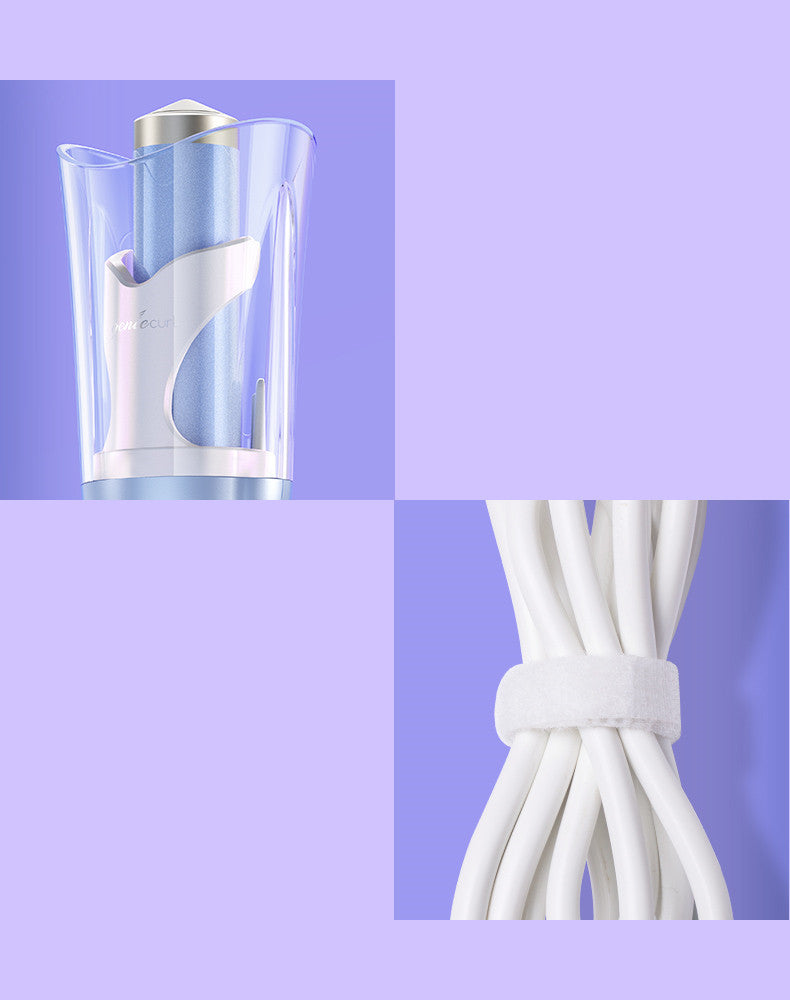 Clear plastic container with a silver top on a purple background