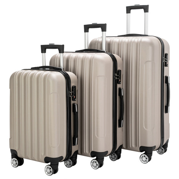 Set of three beige suitcases with black handles and wheels on a white background