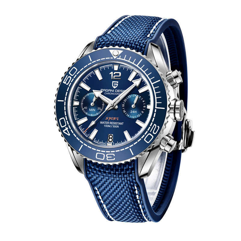 Blue watch with a detailed face on a white background