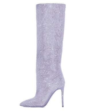 Purple stiletto heel boot with rhinestone detailing on a white background