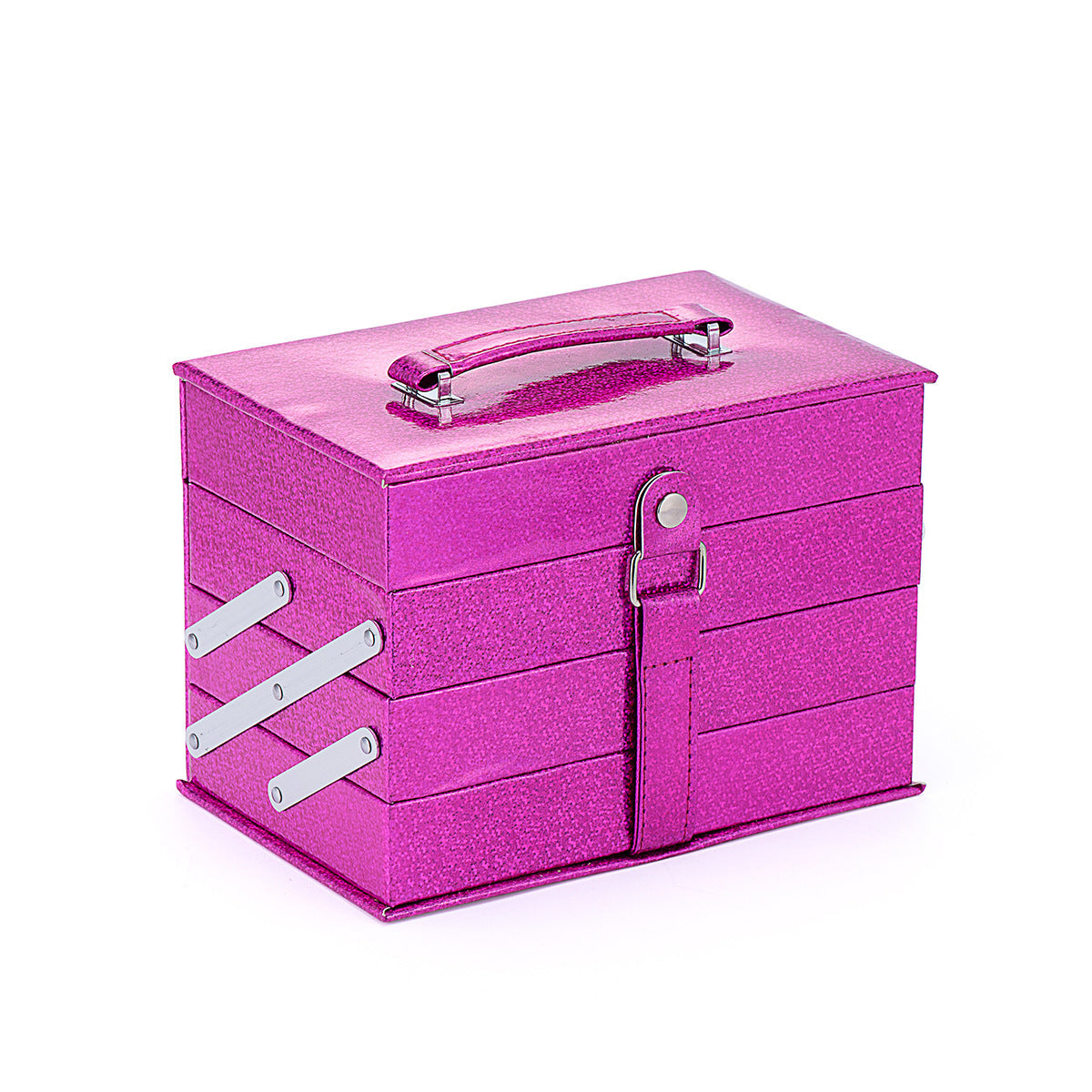 Pink jewelry box with silver accents on a white background