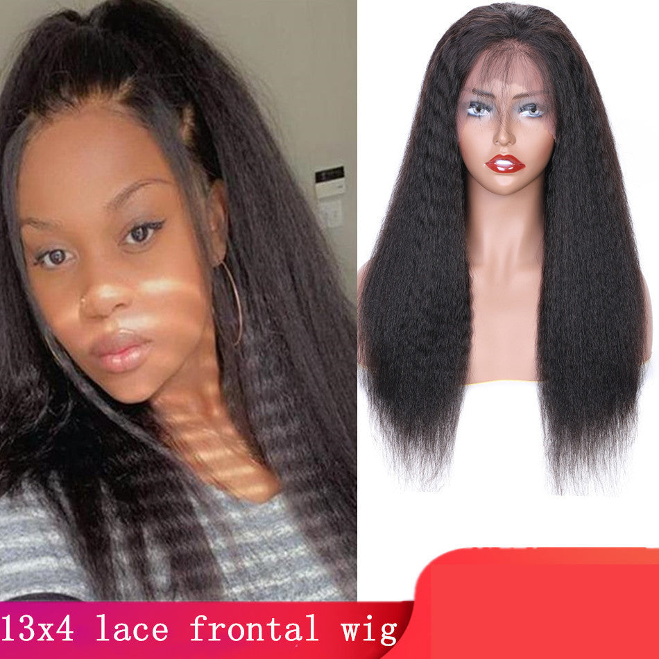 Comparison of a person wearing a 13x4 lace frontal wig on the left and a wig on a mannequin head on the right.