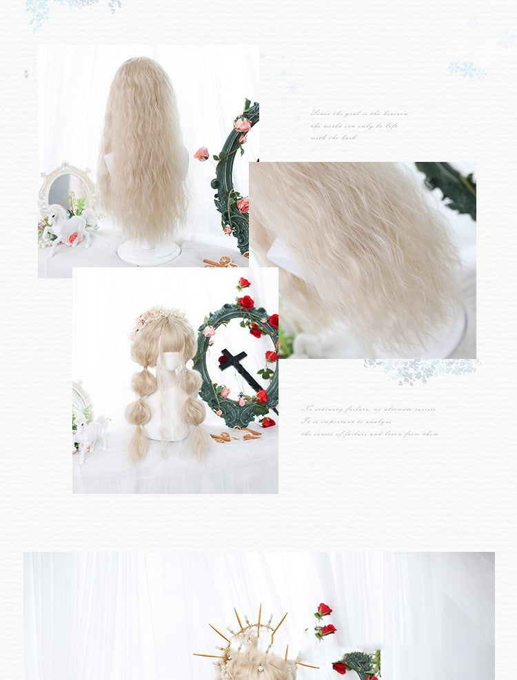 Collage of a doll with long blonde hair, floral wreath, and decorative elements on a white background.