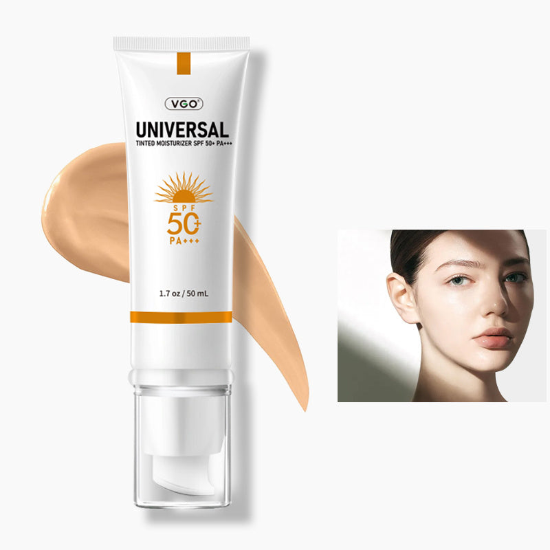 VGO Universal Tinted Moisturizer SPF 50+ PA+++ with a sample application and a close-up of a person's face.