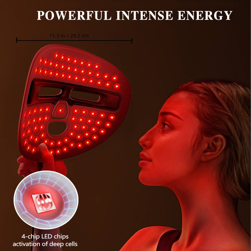 Red light therapy device with a woman receiving treatment, labeled 'Powerful Intense Energy'.