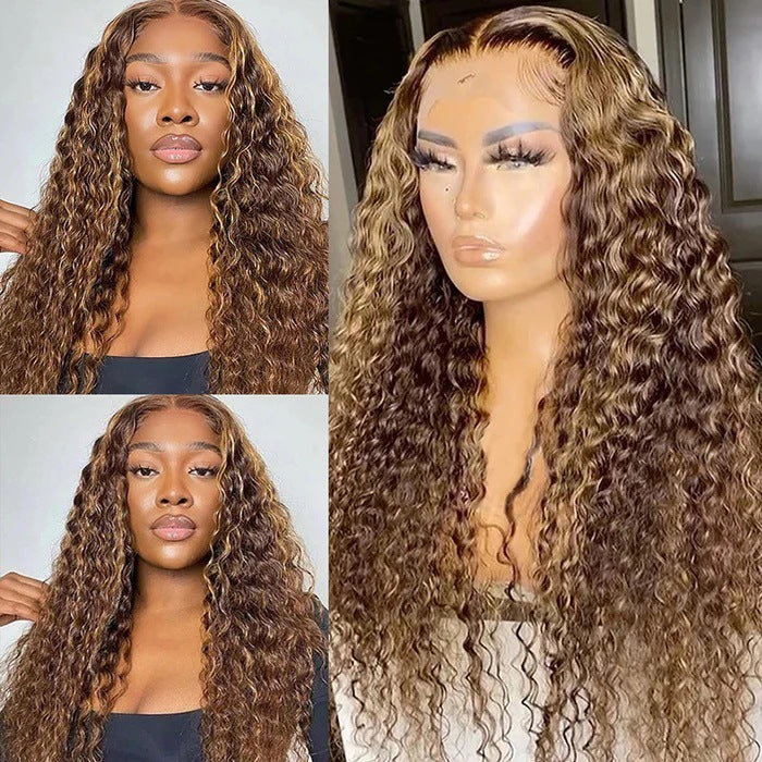 Collage of a woman with long curly hair and a mannequin head wearing a similar wig.