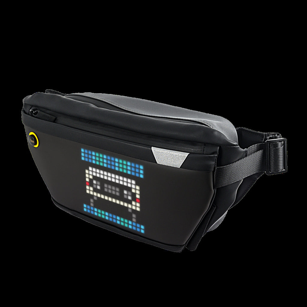 Black waist bag with digital display on a white background
